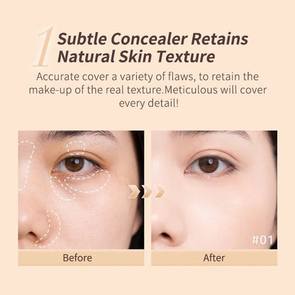 Before and after results using Judydoll Traceless Cloud Touch Concealer, showcasing effective coverage of blemishes and dark circles for a natural finish.