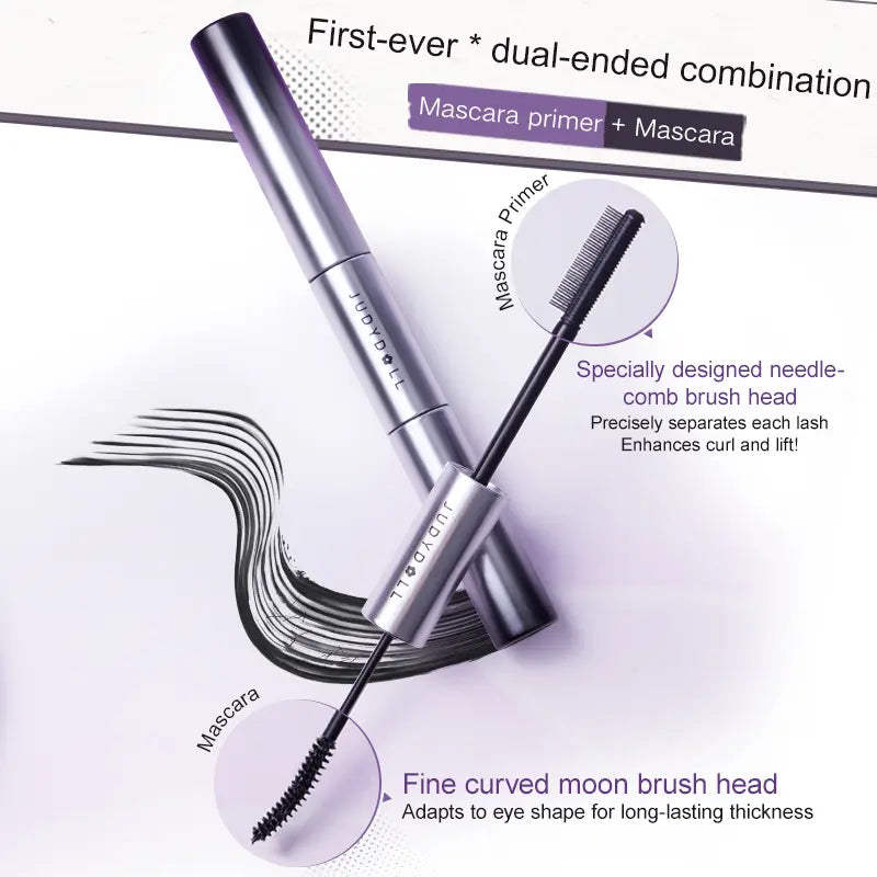 Get fuller, longer lashes with the Judydoll Volume Curling Mascara Duo. Featuring a primer with a needle-comb brush for perfect separation and lift, and a fiber-rich mascara with a curved spoolie for dramatic length and volume.