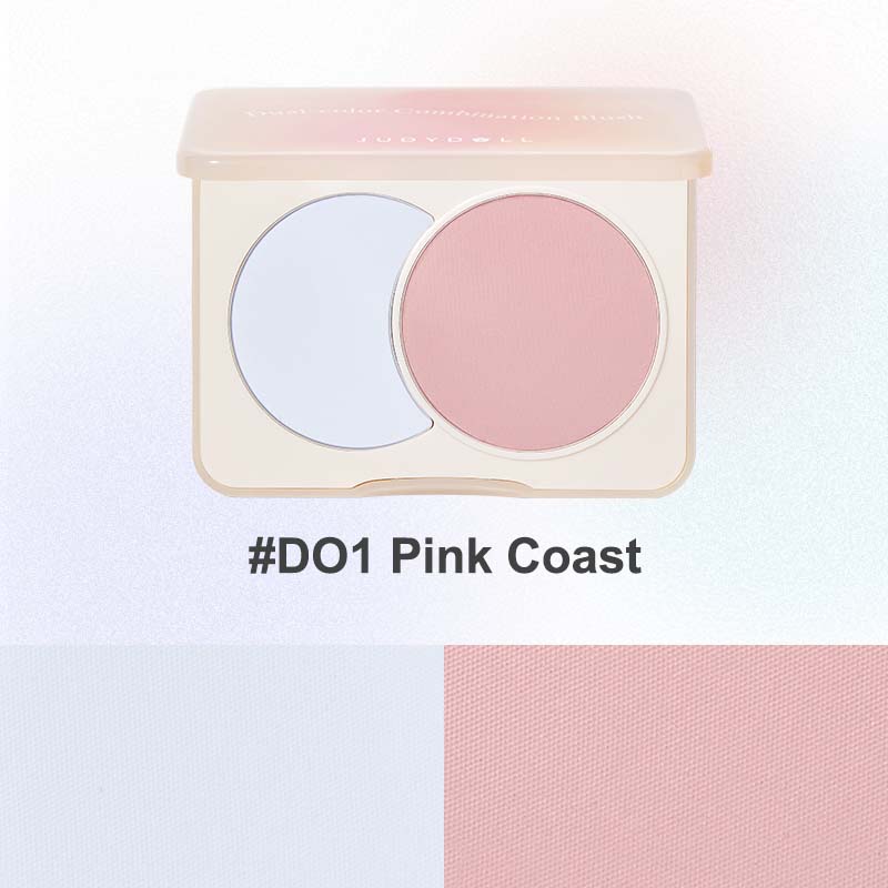 Judydoll blush duos D01 pink coast, blending transparent blue with convergence brown for a soft, girlish makeup style