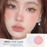 Model showcasing Judydoll D01 Pink Coast blush, blending transparent blue with convergence brown for a soft, girlish makeup style