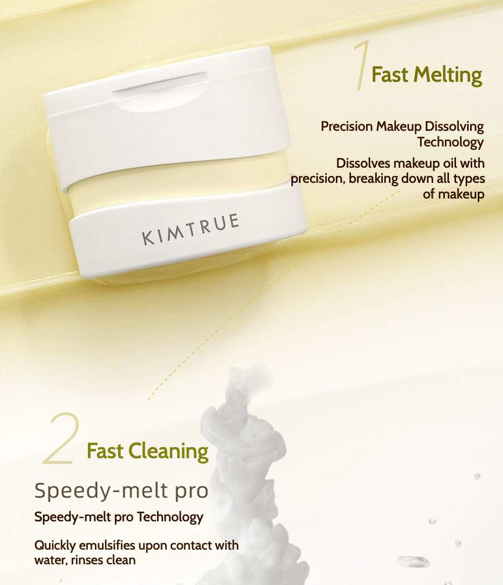 Kimtrue Makeup Remover Cleansing Balm quickly melts makeup and cleanses pores while hydrating and nourishing the skin. Its gentle, soft texture is safe for sensitive skin.