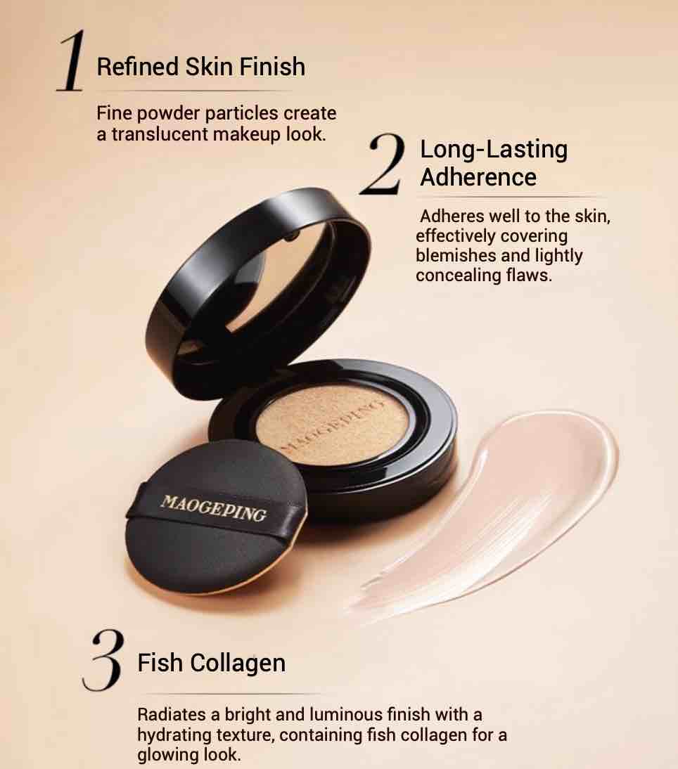 Maogeping Luxury Caviar Flawless Liquid Foundation Cushion with sun protection to meet daily touch-up makeup needs. Strong coverage but light-weight. Long-lasting for 12 hours, Nourish the skin, Gold packaging, perfect design.