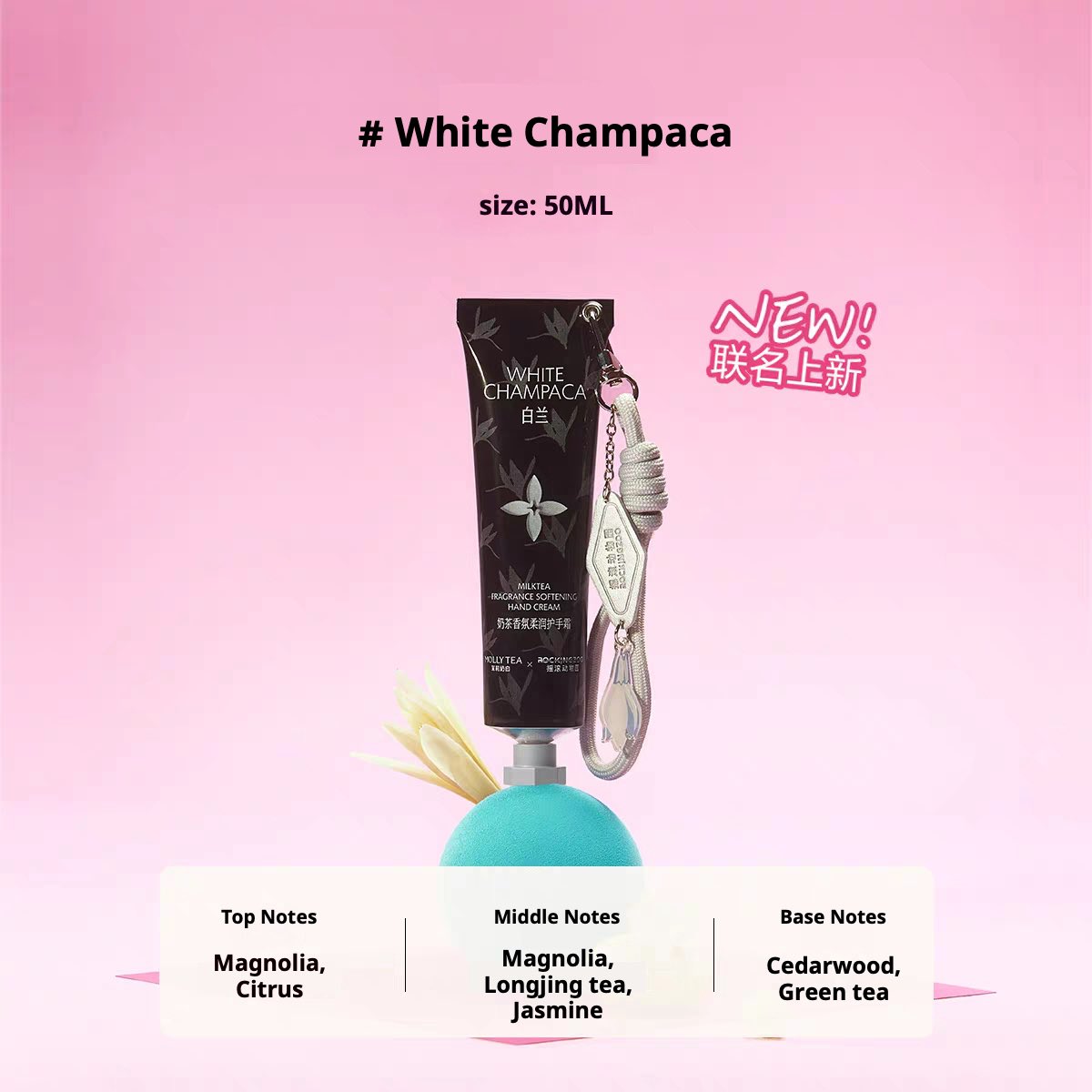 Mollytea Rockingzoo Hand Cream, White Champaca scent, 50ml, black floral tube with charm on pink backdrop.