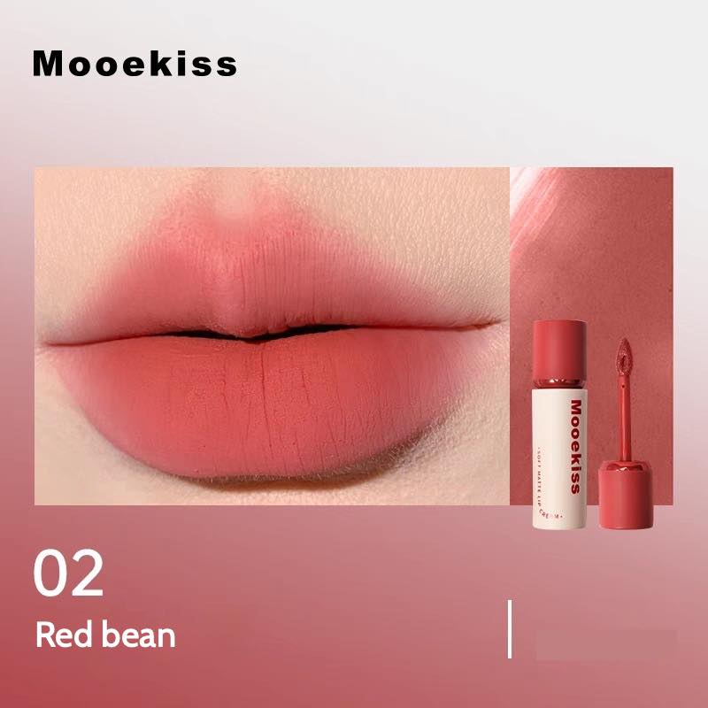 Mooekiss Soft Lip Cream 02 in soft red color, matte finish, swatched on lips