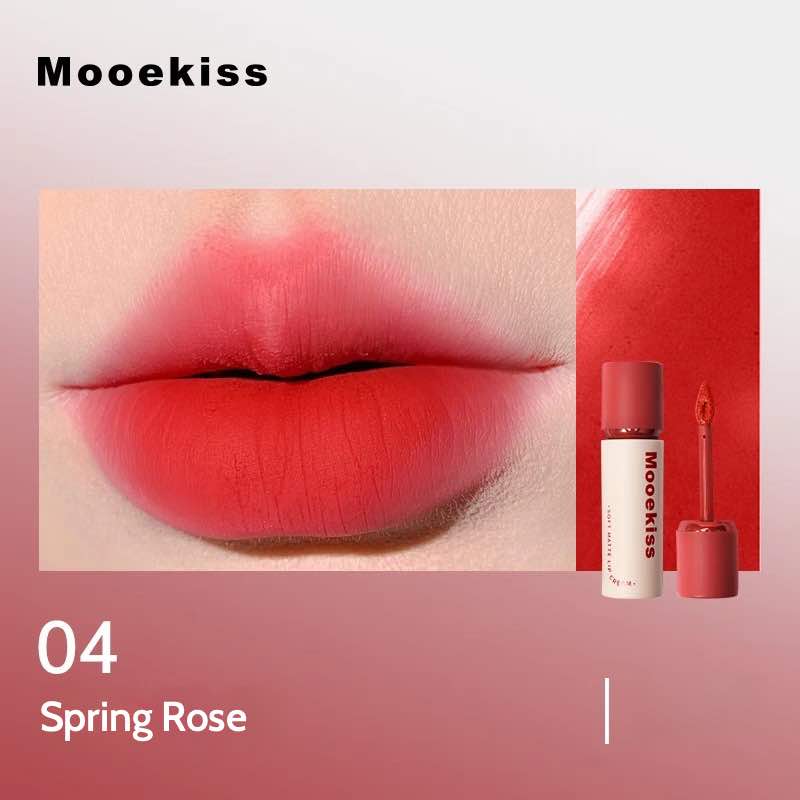 Mooekiss Soft Lip Cream 04 in red rose color, suitable for fair skin tones.