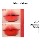 Mooekiss Soft Lip Cream v02 in light red color, matte finish, swatched on lips