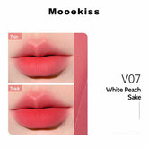 Mooekiss Velvet Lip Mud in White Peach Sake, showing a soft matte finish with both thin and thick application on lips.