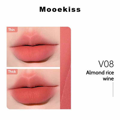 Mooekiss Velvet Lip Mud in Almond Rice Wine, displaying a smooth matte texture with thin and thick layers on lips