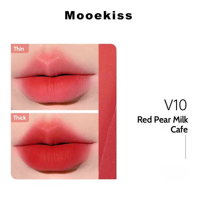 Mooekiss Velvet Lip Mud in Red Pear Milk Cafe, presenting a rich matte finish with thin and thick coats on lips