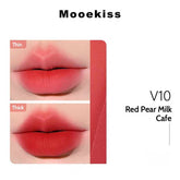 Mooekiss Velvet Lip Mud in Red Pear Milk Cafe, presenting a rich matte finish with thin and thick coats on lips