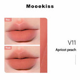 Mooekiss Velvet Lip Mud in Apricot Peach, illustrating a soft, peachy matte finish with varying thickness on lips