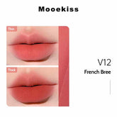 Mooekiss Velvet Lip Mud in French Bree, showcasing a warm matte finish with thin and thick applications on lips