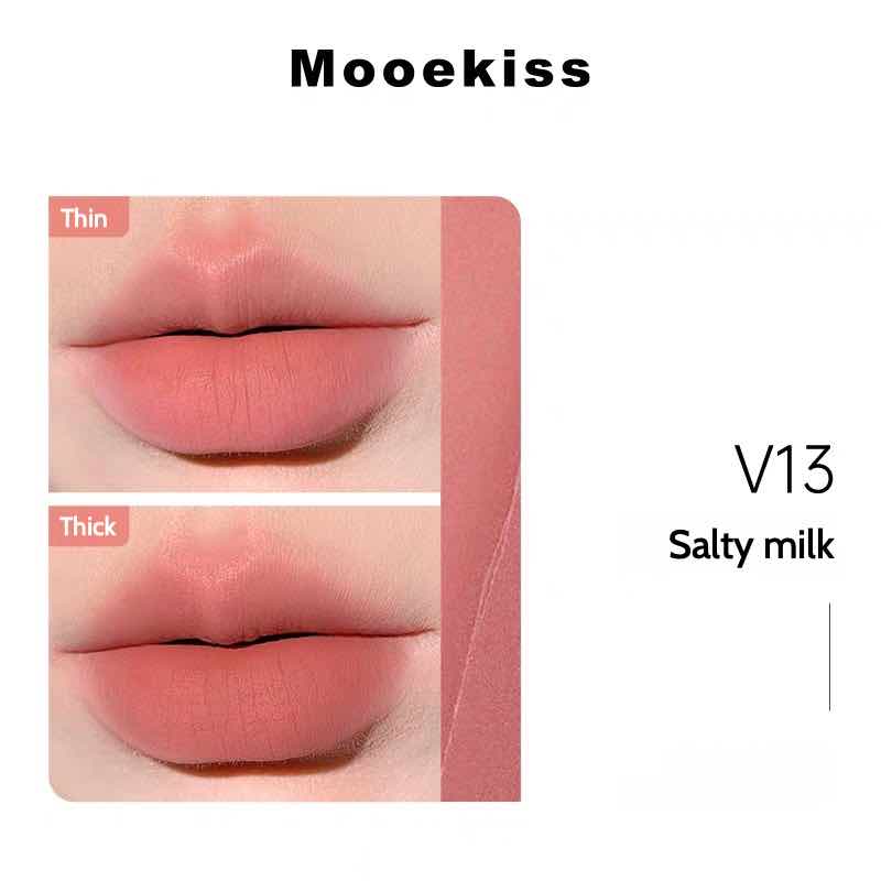 Mooekiss Velvet Lip Mud in salty milk, showcasing a pink matte finish with thin and thick applications on lips