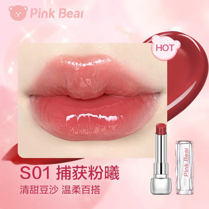 PINK BEAR Sugar Glossy Lipstick helps alleviate dryness and diminish lip lines, providing nourishment and hydration.The soft balm texture melts instantly on the lips without any sticky feel.