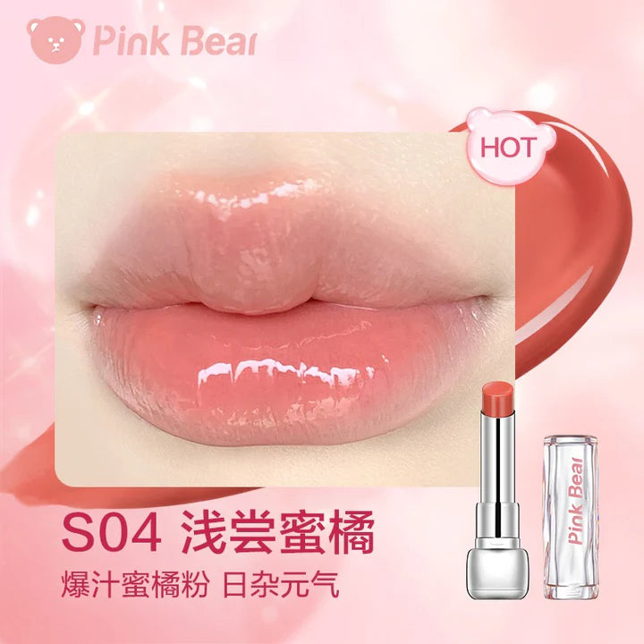 PINK BEAR Sugar Glossy Lipstick helps alleviate dryness and diminish lip lines, providing nourishment and hydration.The soft balm texture melts instantly on the lips without any sticky feel.