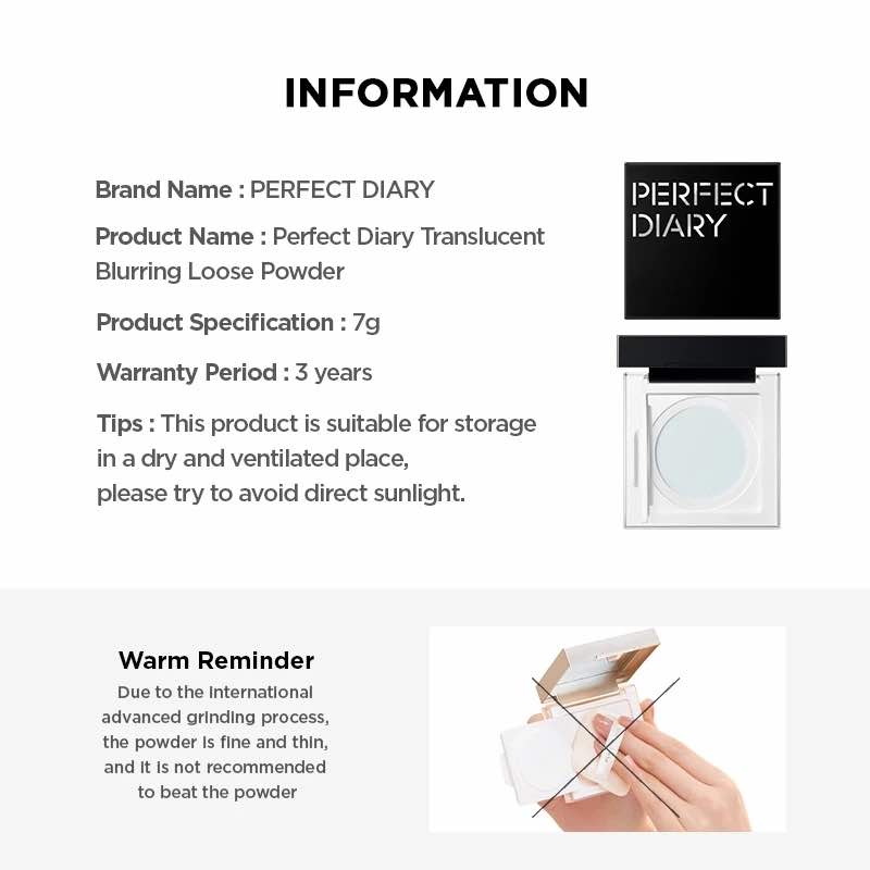 Achieve flawless skin with Perfect Diary Translucent Blurring Loose Powder. It features the patented &quot;small blue lock&quot; for exceptional oil control and antioxidant protection. This lightweight formula absorbs grease while minimizing pores for a naturally fresh look.