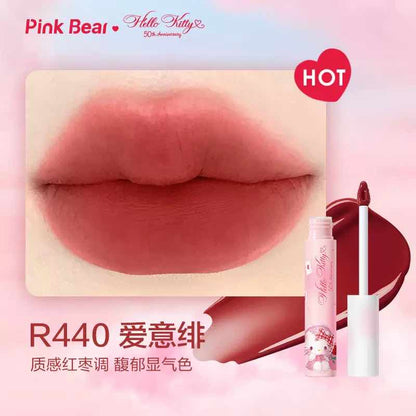 Achieve a velvety matte look with Pink Bear Hello Kitty Water Mist Lip Gloss. This water-to-matte formula keeps lips hydrated inside while offering a soft matte finish. Available in six stunning shades for all skin tones and occasions.