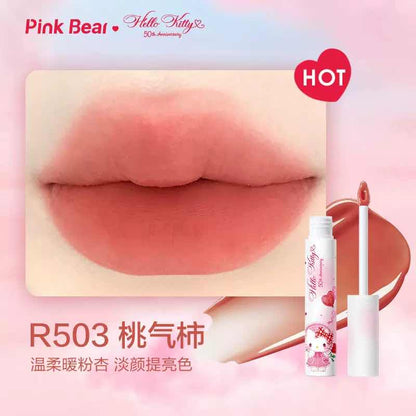 Achieve a velvety matte look with Pink Bear Hello Kitty Water Mist Lip Gloss. This water-to-matte formula keeps lips hydrated inside while offering a soft matte finish. Available in six stunning shades for all skin tones and occasions.