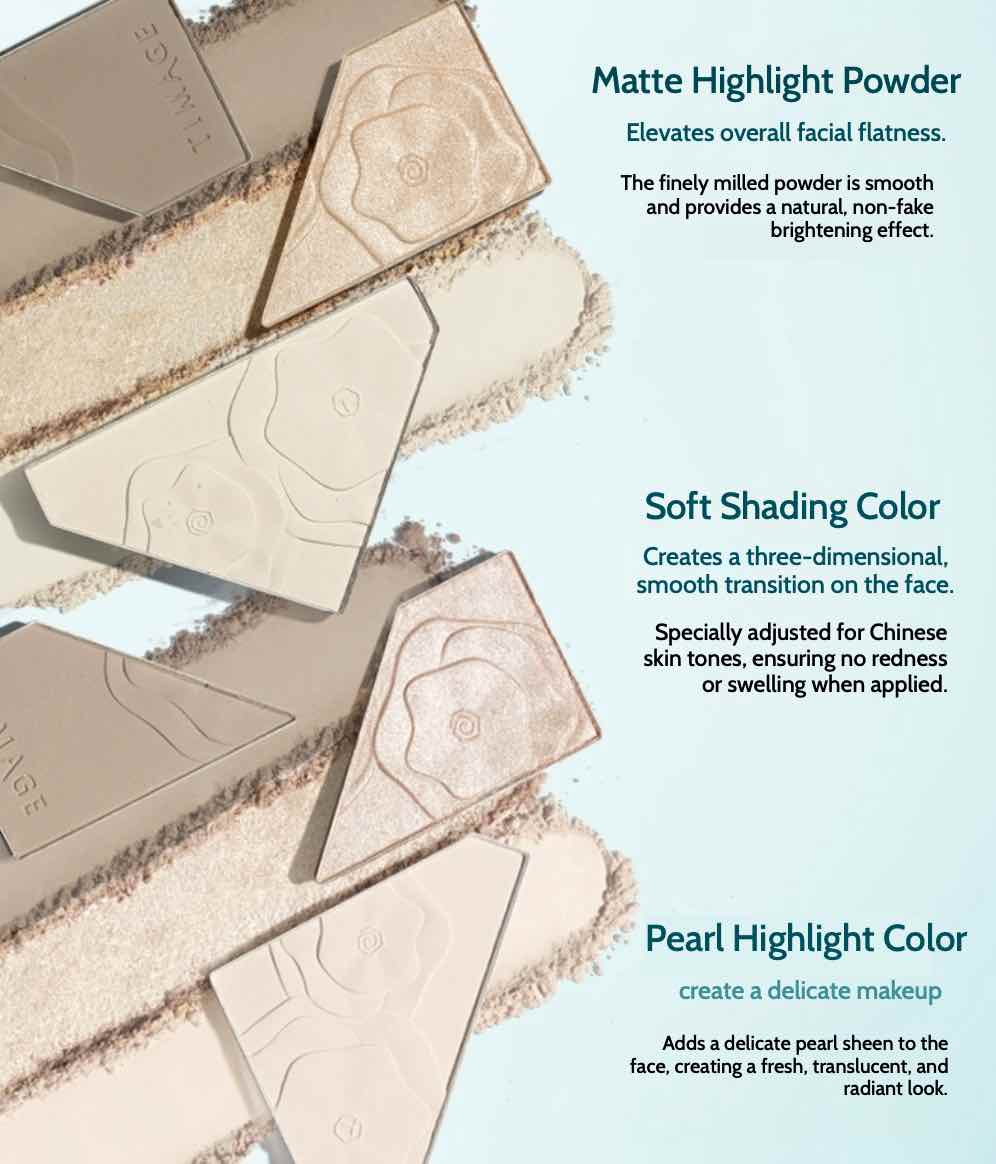 TIMAGE 3-Color Highlight Contour Palette enhances your features with a natural shadow, matte highlight, and shimmering highlight. Perfect for creating a youthful, three-dimensional look that lasts all day and versatile use for flawless, radiant makeup.