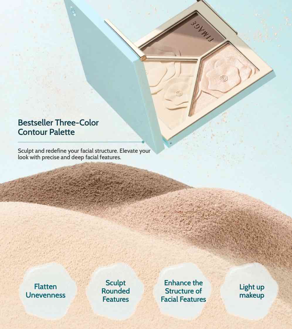 TIMAGE 3-Color Highlight Contour Palette: Enhance your features with a natural gray-brown shadow, matte beige highlight, and shimmering champagne highlight. Perfect for creating a youthful, three-dimensional look that lasts all day. Ideal for all Asian skin tones, this palette offers easy blending and versatile use for flawless, radiant makeup.