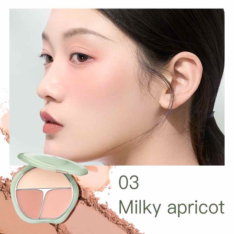 TIMAGE Green Jade Series Tri-Color Blusher Palette in Milky Apricot, offering a warm peachy blush perfect for a natural glow
