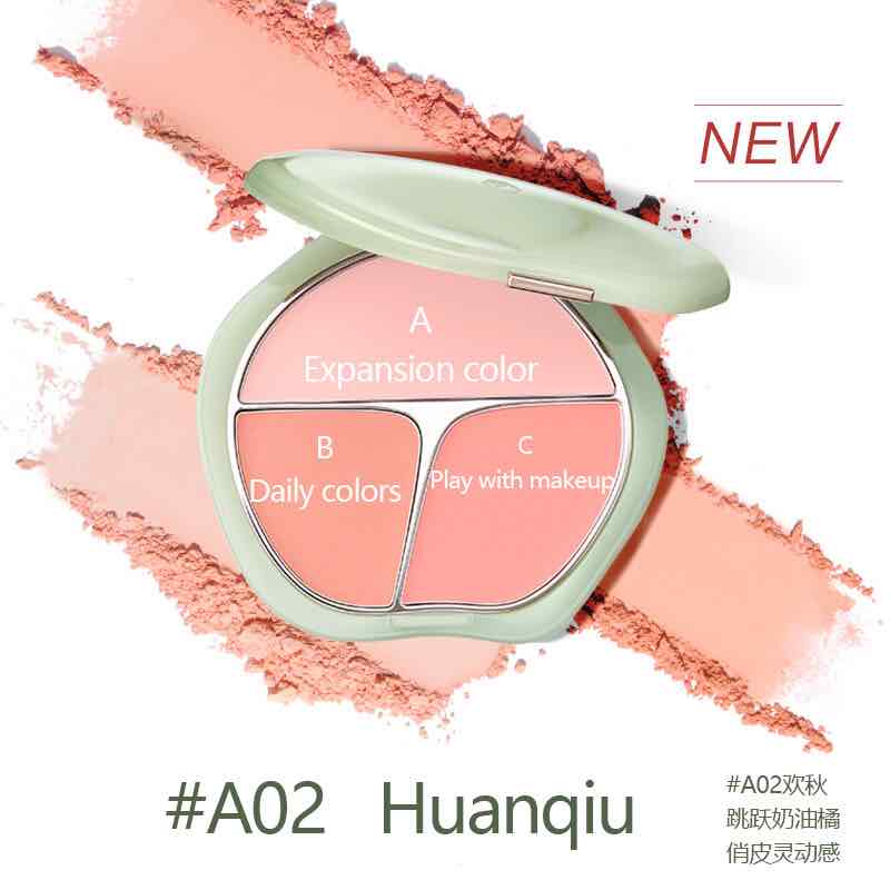 TIMAGE Green Jade Series Tri-Color Blusher Palette A02 Huanqiu, with soft peach and coral tones for a lively, natural blush