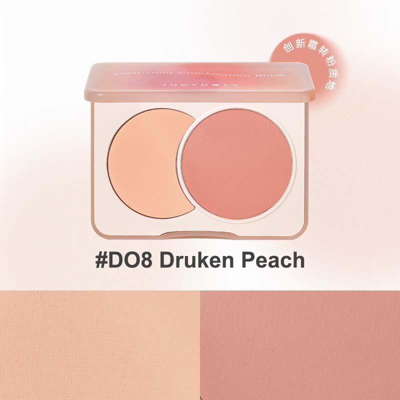 Judydoll blush duos D08 druken peach, featuring an apricot light brown and coral red color combination for a radiant look